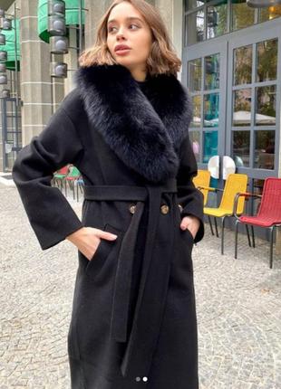 Зимнее женское кашемировое черное шикарное длинное пальто с мехом4 фото