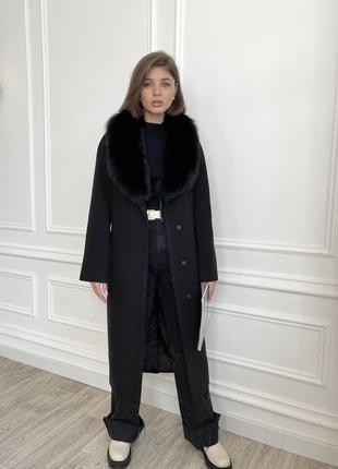 Зимовие кашемірове розкішне брендове чорне пальто з песцом