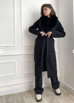 Зимовие кашемірове розкішне брендове чорне пальто з песцом3 фото