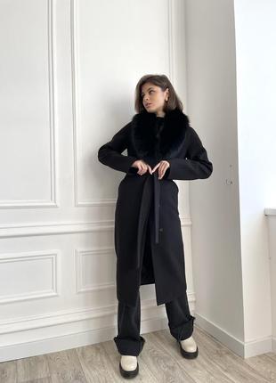 Зимовие кашемірове розкішне брендове чорне пальто з песцом10 фото