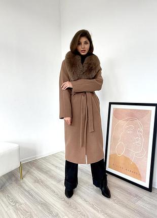Зимове кашемірове розкішне брендове пальто з песцом