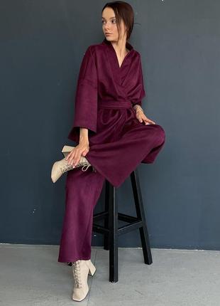 Бордовый костюм оверсайз в стиле кимоно из эко-замши3 фото