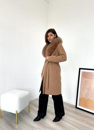 Зимнее кашемировое женское классическое пальто цвета кэмел