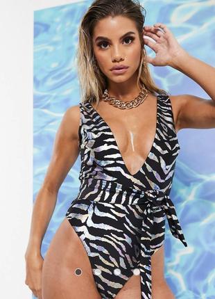 Asos design holographic animal print plunge belted swimsuit