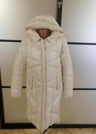 Белый перламутровый тёплый стёганый/прошитый пуховик. зимнее светлое пальто м3 фото