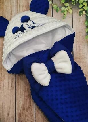 Зимний плюшевый конверт одеяло с вышивкой микки, синий с белым
