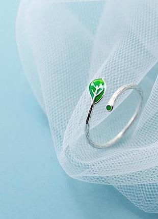 Каблучка зелений лист, срібне покриття 925 проби, ніжне кільце регульованого розміру 15-18