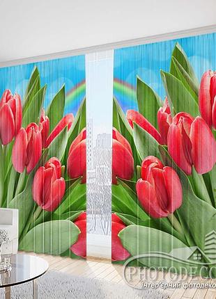 Фото шторы "тюльпаны на голубом фоне" высота - 2,78м, ширина - 2,0м (2 полотна по 1,0м), тесьма