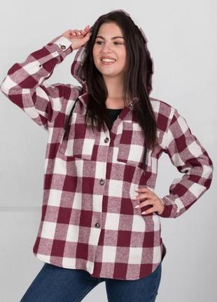 Женская теплая рубашка в клетку с капюшоном осень демисезон зима1 фото