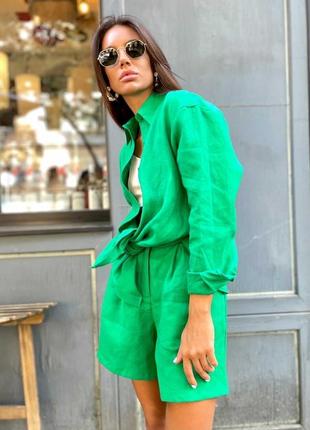 Льняной костюм с шортами женский зеленый изумруд изумрудный3 фото