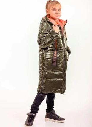 Стильний теплий довгий пуховик пальто зимове для дівчинки2 фото