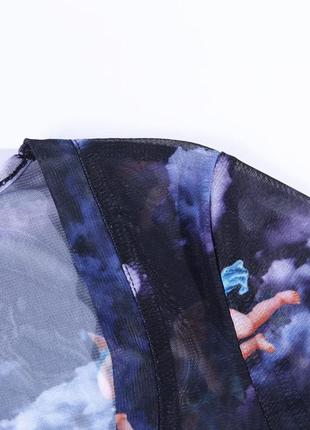 Кроп футболка короткая топ прозрачная из сетки сетчатая фиолетовая облака ангелы ангел херувимы с драпировкой5 фото