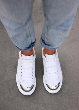 Alexander mcqueen white metall, кроссовки женские маквин стальной носок, жіночі кросівки александр маквін білі6 фото