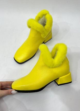 Жовті яскраві ботильйони союзка 👯 norka 🐀 хутро норка натуральна шкіра замш  осень зима