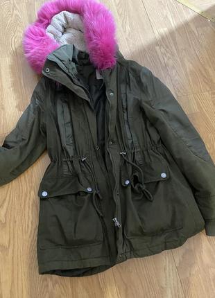Куртка парка колір хаки с натуральним хутром