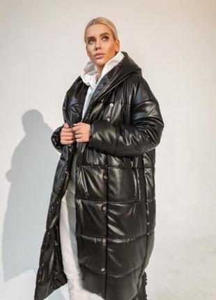 Дутая кожаная куртка с капюшоном под пояс пальто4 фото