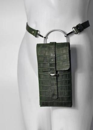Вертикальна сумка чохол з натуральної шкіри кроко, сумка трансформер для телефону ручної роботи