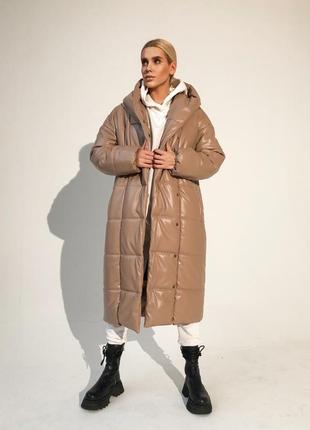 Дута шкіряна куртка з капюшоном під пояс пальто