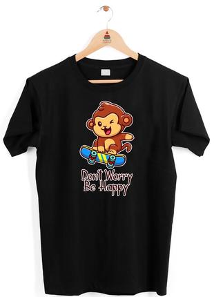 Футболка черная с принтом "обезьяна на скейте. don't worry be happy " push it