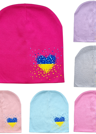 Шапка бини девочке р.52-54 сердце патриот хлопок демисезон 8 цветов