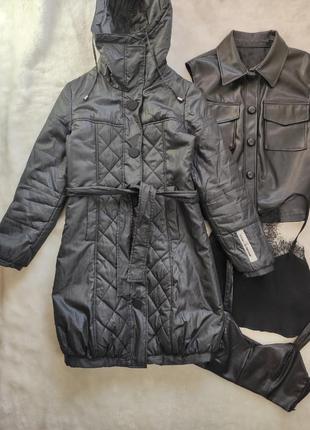 Чорний зимовий пуховик куртка довга тепла пальто з поясом капюшоном пальто cop.copine1 фото