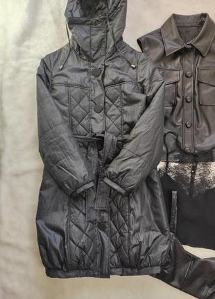 Чорний зимовий пуховик куртка довга тепла пальто з поясом капюшоном пальто cop.copine2 фото