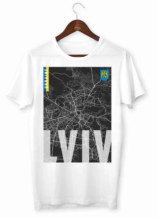 Біла футболка з принтом "lviv. львів. місто україни. карта зі супутника" push it