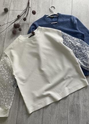 Білий світшот кофта блуза блузка органза свитер з об'ємними рукавами zara3 фото