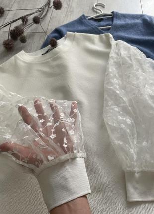 Білий світшот кофта блуза блузка органза свитер з об'ємними рукавами zara4 фото