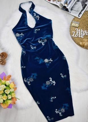 Плаття велюрове синє з вишивкою синя сукня в японському стилі