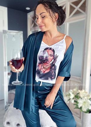 Шовкова піжама і халат з принтом wine