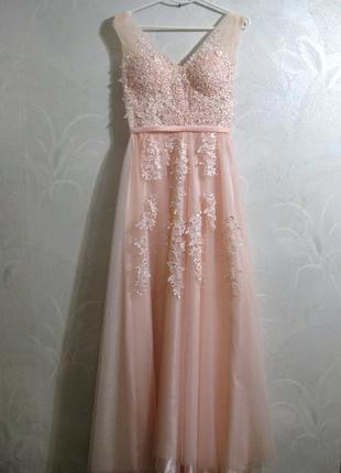 Плаття довге в підлогу весільне вечірнє рожеве розшите перлами, з шлейфом5 фото