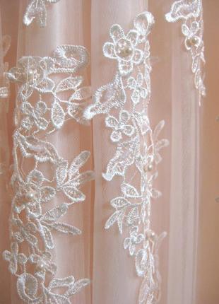 Платье длинное в пол свадебное вечернее розовое расшитое жемчугом с шлейфом7 фото