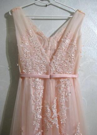 Плаття довге в підлогу весільне вечірнє рожеве розшите перлами, з шлейфом9 фото