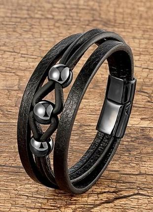 Браслет мужской кожаный классический стильный на руку черный
