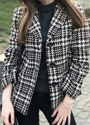 Шерстяной женский теплый  брендовый пиджак твидовый жакет кардиган клетка гусиная лапка.