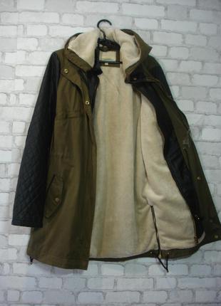 Удлиненная тканевая куртка  на меху с капюшоном  " zebra "  48 -50 р