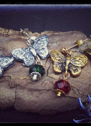 Золотистые серьги с бабочками, холодный фарфор, полимерная глина4 фото