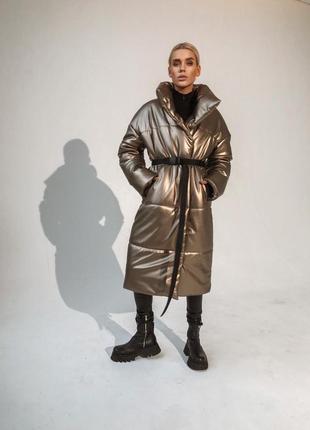 Кожаная дутая куртка объёмного кроя под пояс пальто9 фото