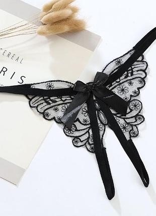 Трусики с бабочкой черные стринги - размер универсальный, резинка до 100см