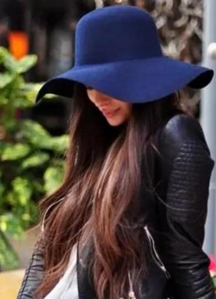 Фетровий крислатий темно синій капелюх