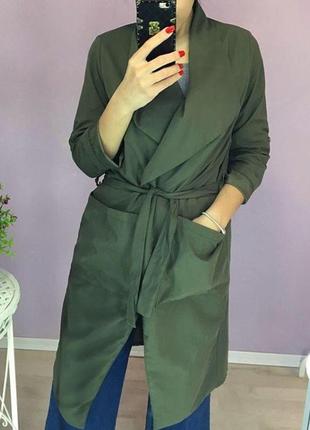 Оливковый плащ халат h&m миди
