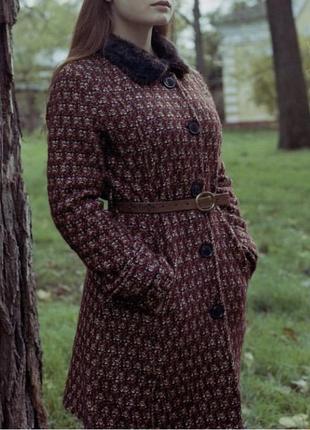 Винтажное итальянское пальто с искусственным мехом на воротнике рябое деми демисезонное1 фото