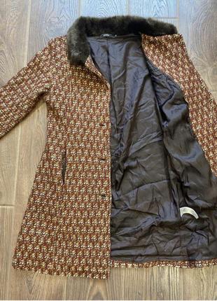Винтажное итальянское пальто с искусственным мехом на воротнике рябое деми демисезонное4 фото