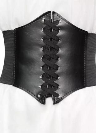 Корсет кожаный, черный женский корсет, широкий пояс на шнуровке, утяжка2 фото