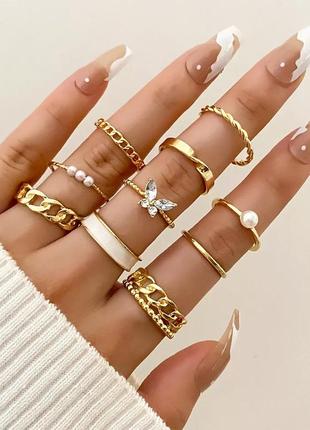Модные стильные трендовые золотистие кольца колечка кольца колечко с бабочой и кристалами кольцо с жемчужиной цепь
