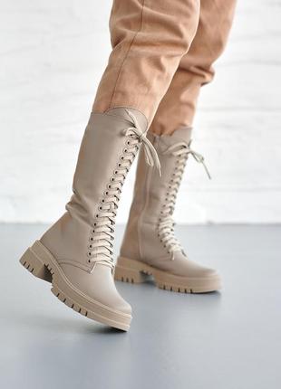 Стильные женские ботинки,берцы,берцы высокие кожаные зимние бежевые на меху (зима 2022-2023)1 фото