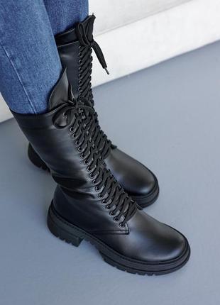 Стильные женские ботинки,берцы,берцы высокие кожаные зимние черные мехи (зима 2022-2023)1 фото
