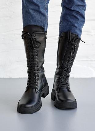 Стильні жіночі черевики,берці,берци високі шкіряні зимові чорні хутро (зима 2022-20236 фото