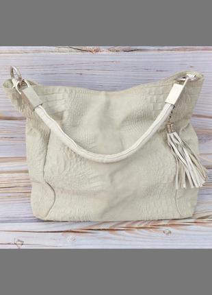 Сумка made in italy, розмір а4, натуральна замша, сіро-біла, крокодил